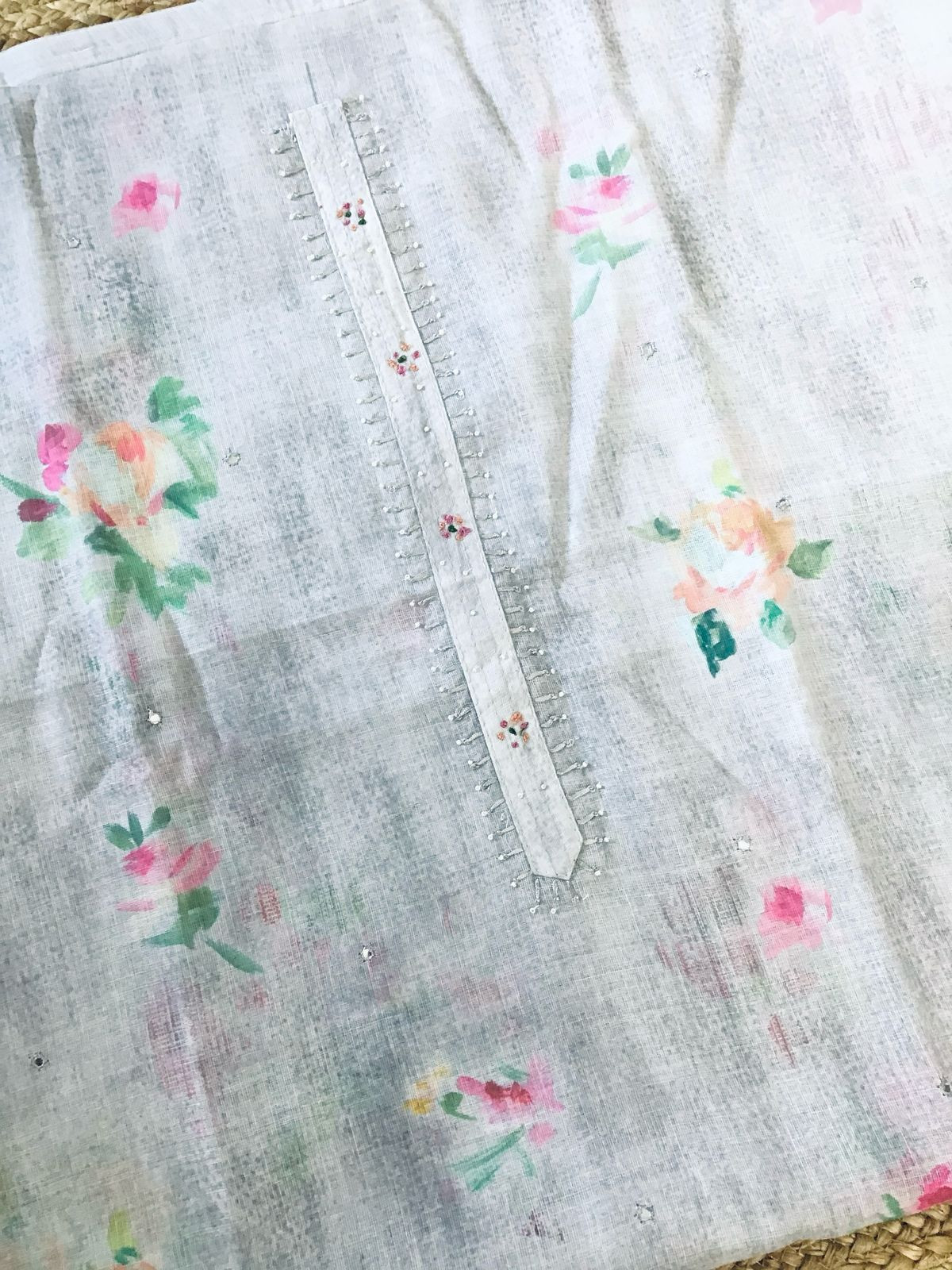 Soft Linen Jute Cotton Printed Embroidered Suit - Grey