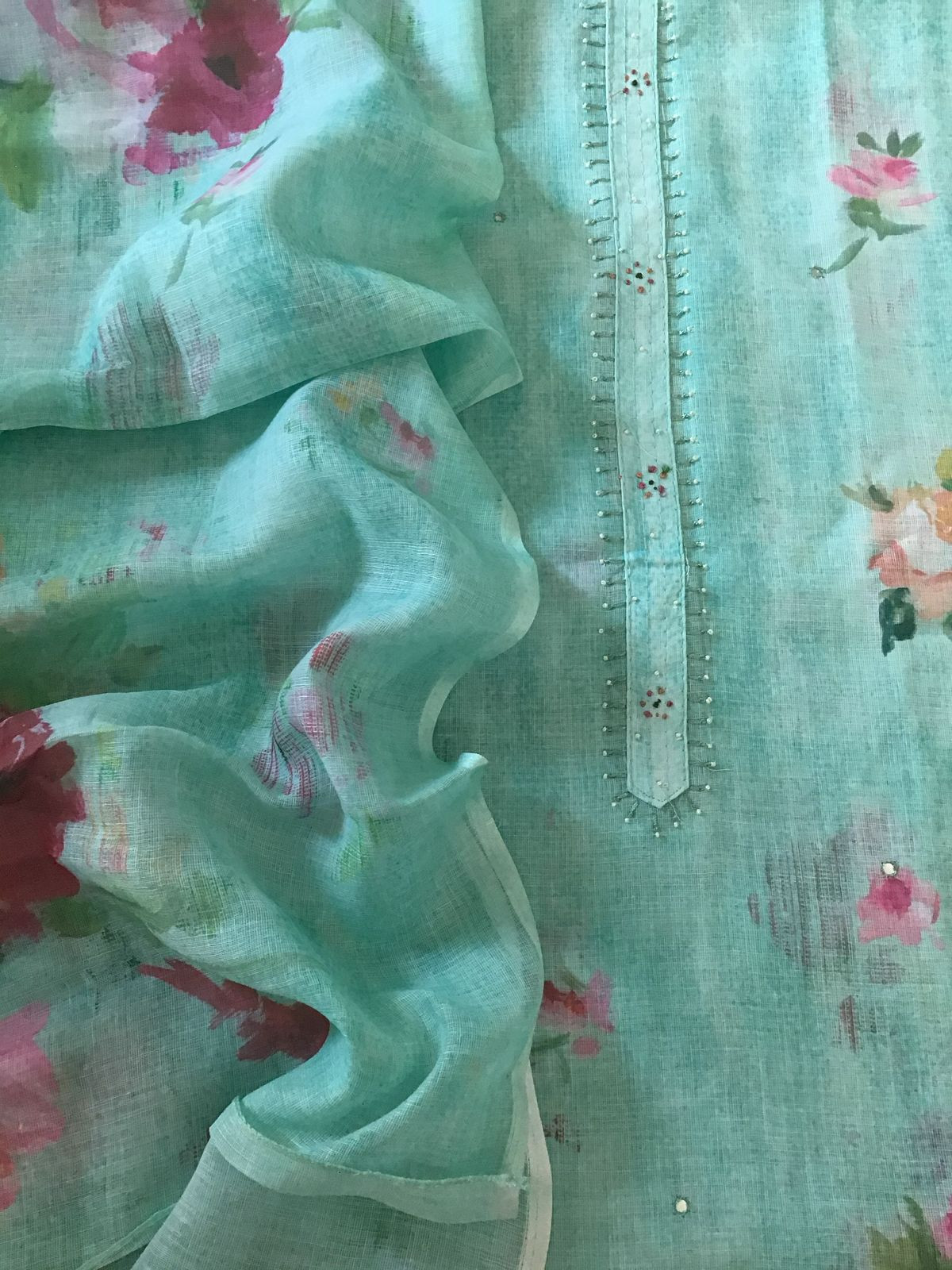 Soft Linen Jute Cotton Printed Embroidered Suit - Blue