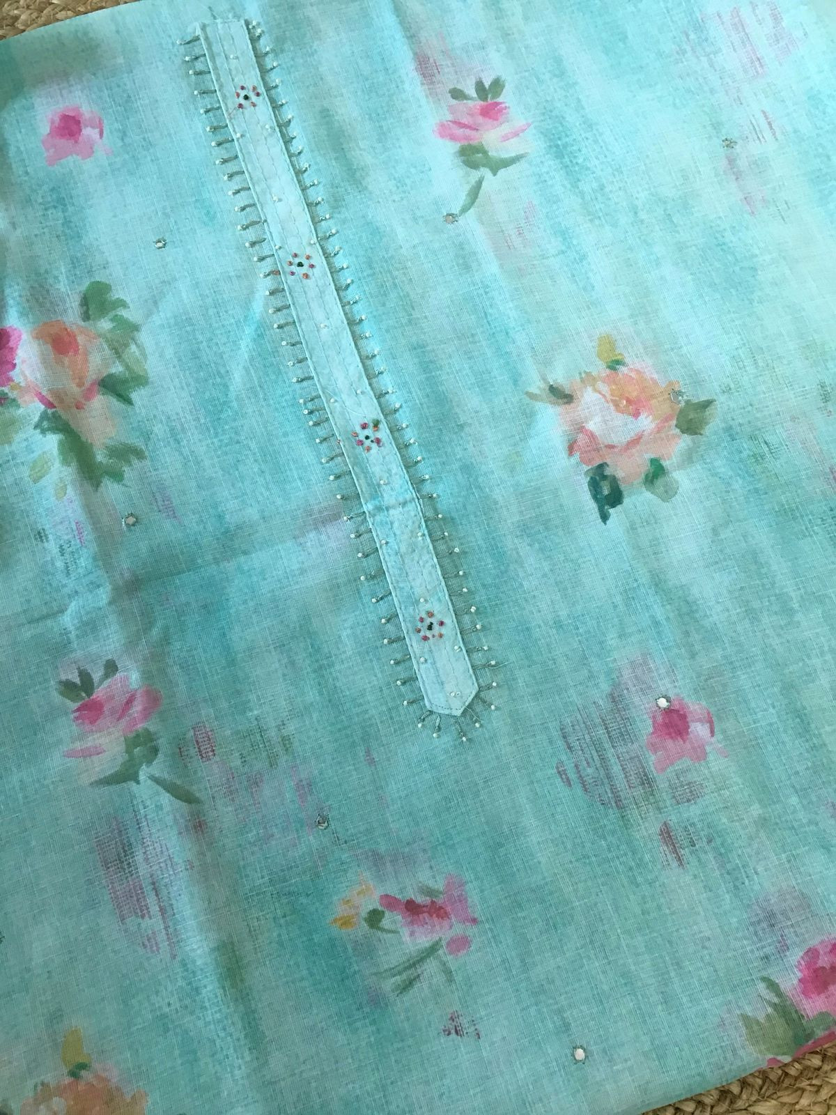 Soft Linen Jute Cotton Printed Embroidered Suit - Blue