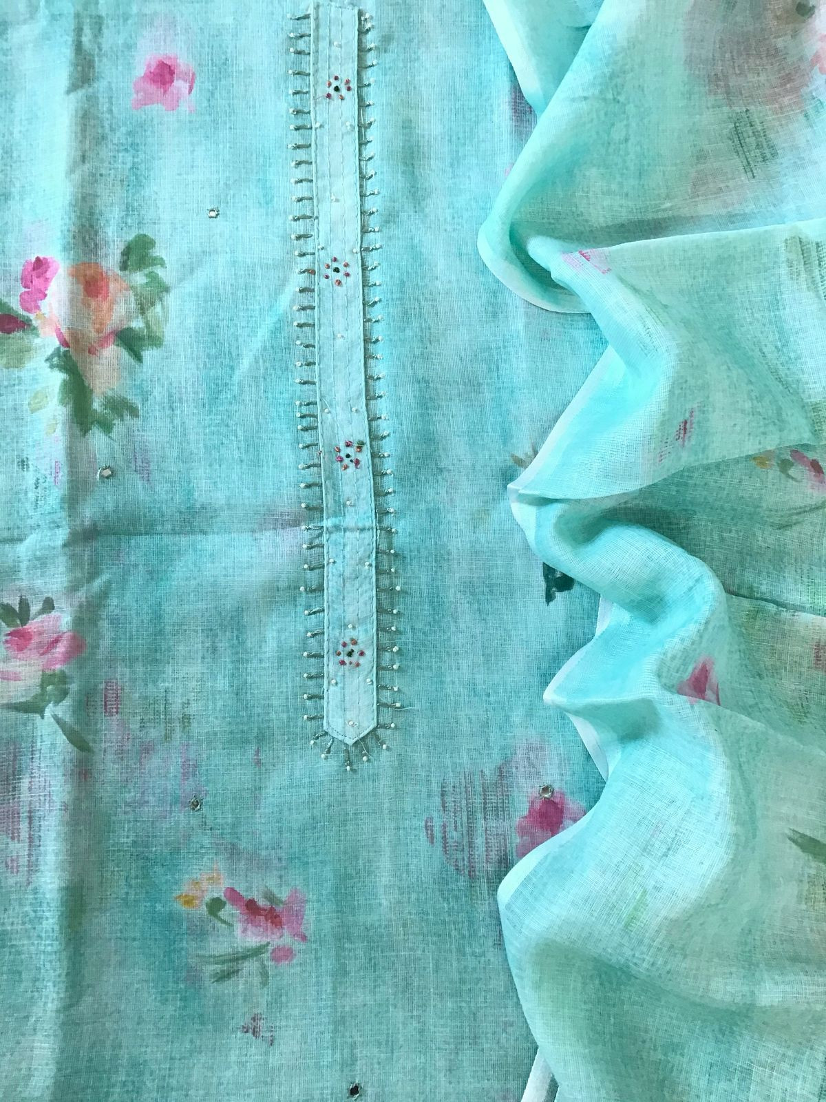 Soft Linen Jute Cotton Printed Embroidered Suit - Blue