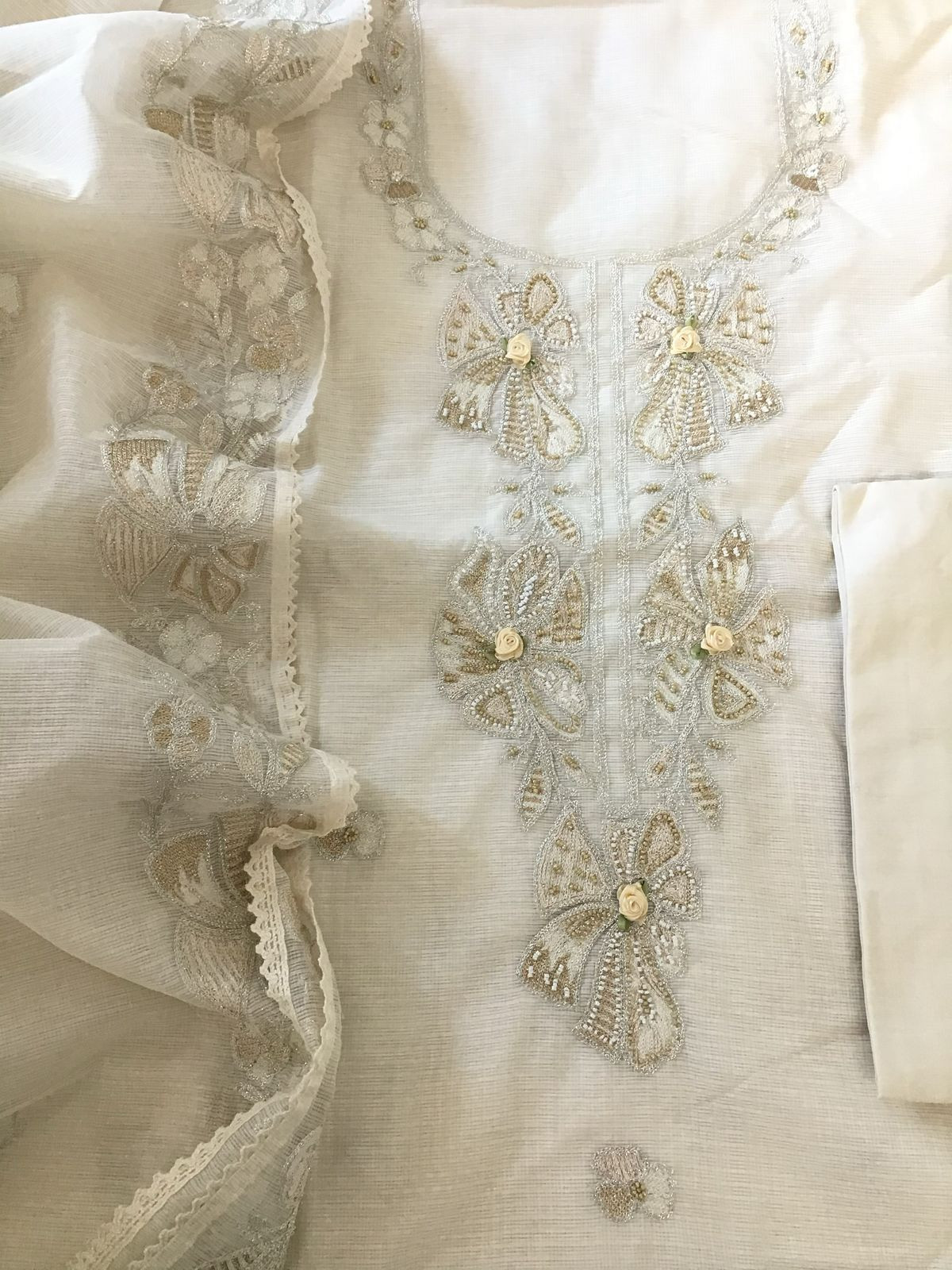 Soft Kota Silk Embroidered Suit - Offwhite