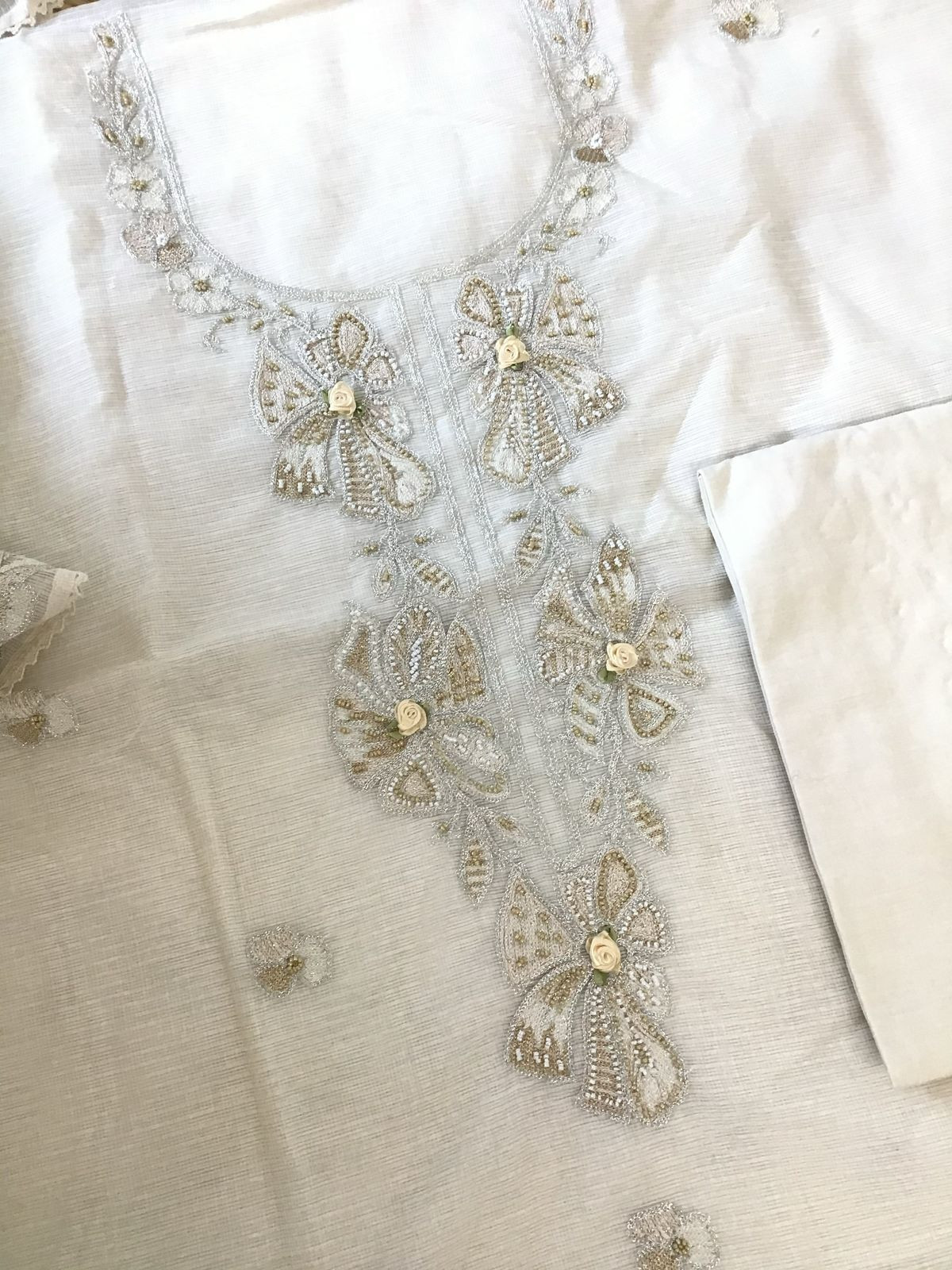 Soft Kota Silk Embroidered Suit - Offwhite