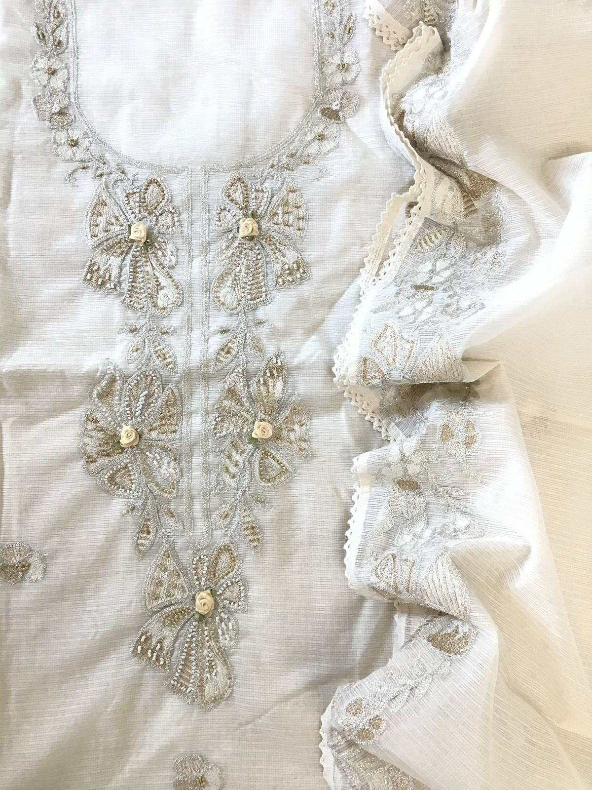 Soft Kota Silk Embroidered Suit - Offwhite