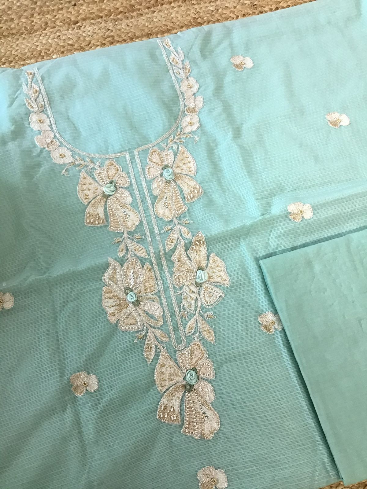 Soft Kota Silk Embroidered Suit - Blue