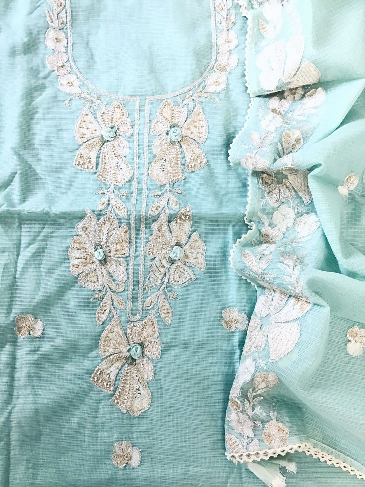 Soft Kota Silk Embroidered Suit - Blue