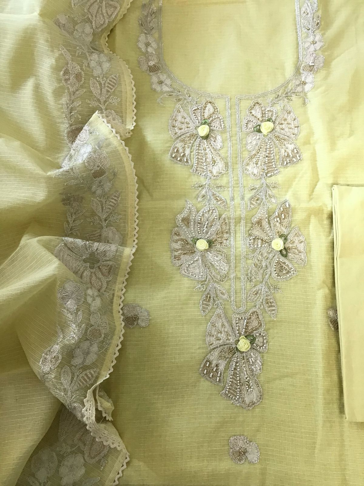 Soft Kota Silk Embroidered Suit - Yellow