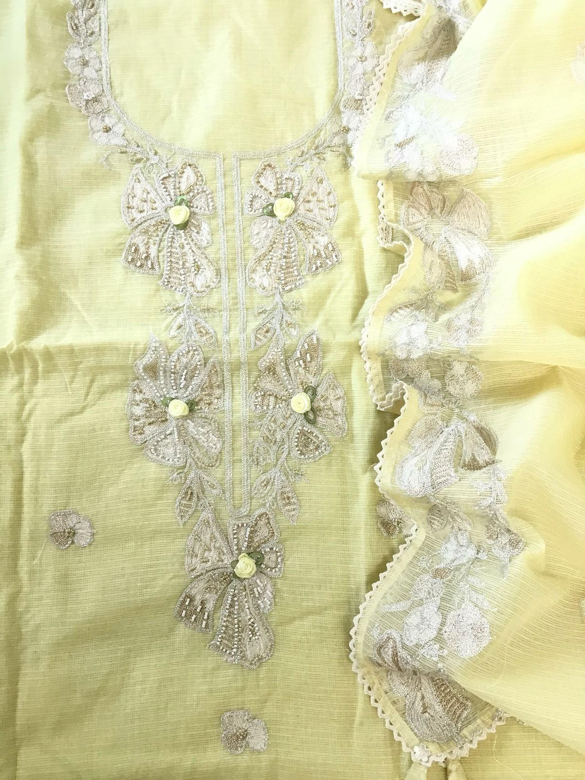 Soft Kota Silk Embroidered Suit - Yellow