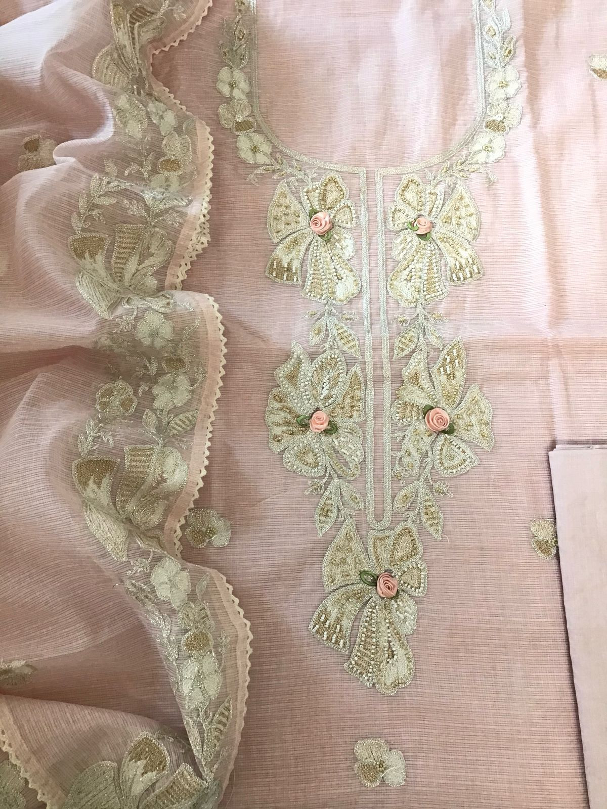 Soft Kota Silk Embroidered Suit - Pink