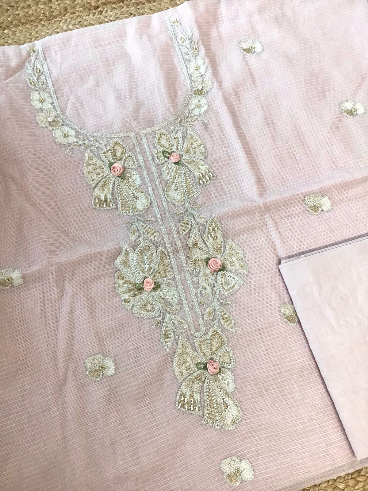 Soft Kota Silk Embroidered Suit - Pink