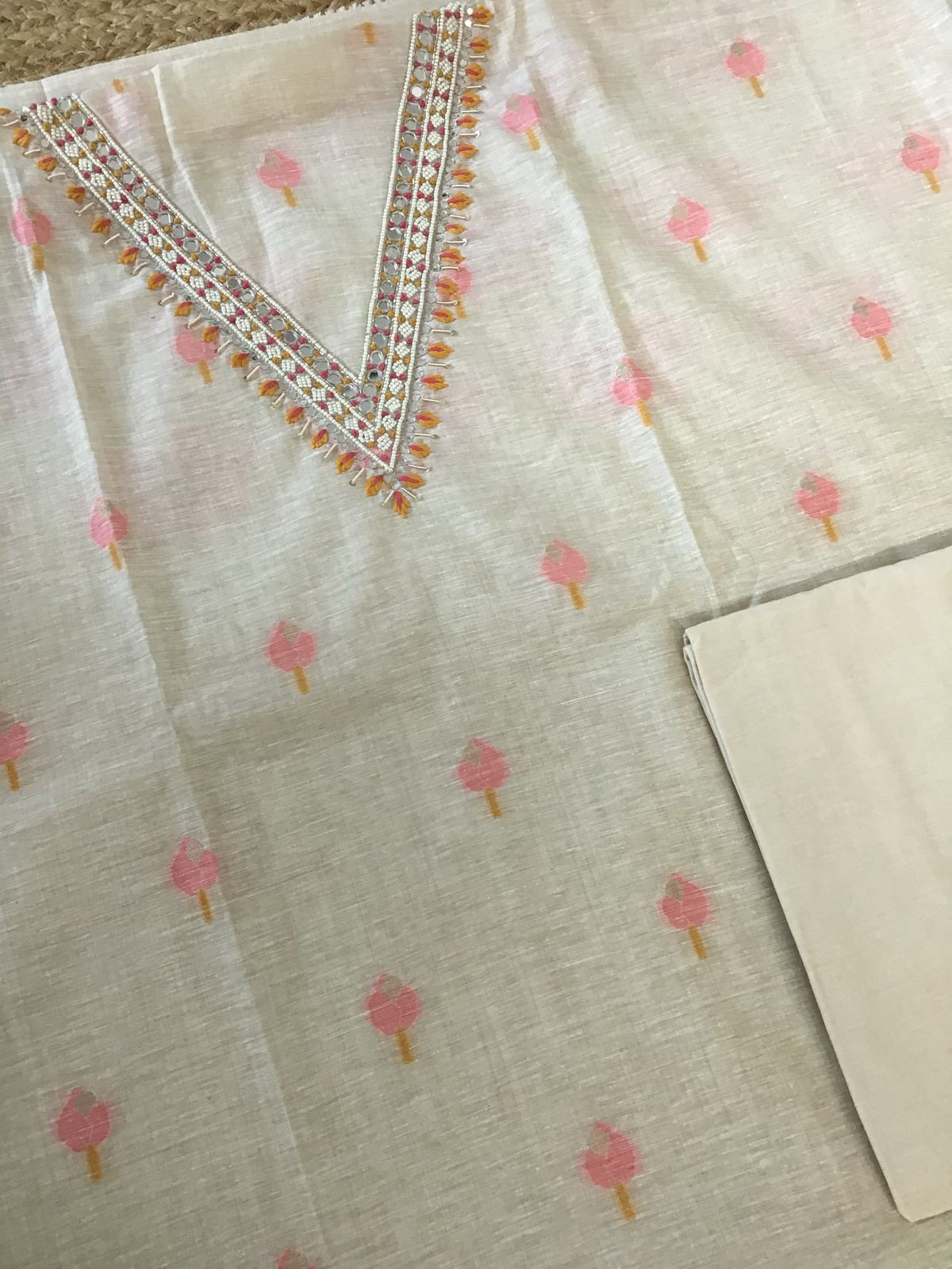Soft Fine Slub Chanderi Jamdani Weaved Embroidered Suit - Beige