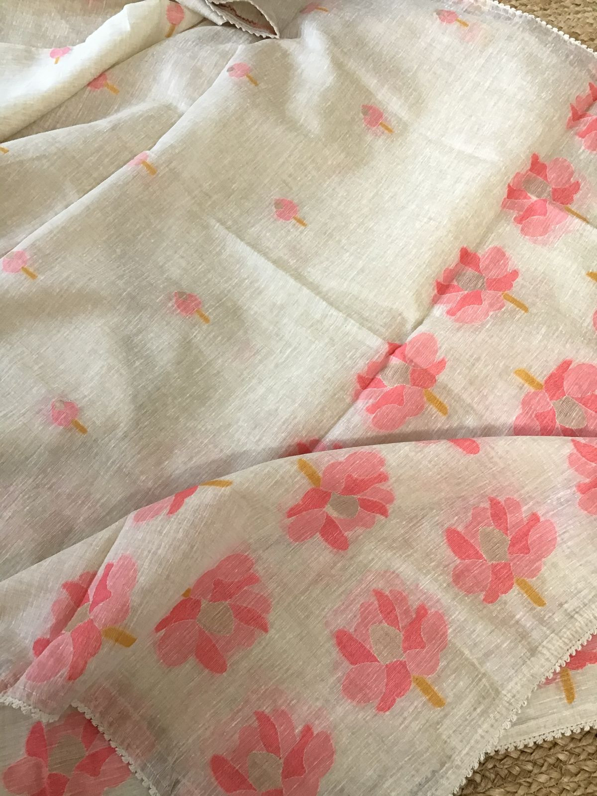 Soft Fine Slub Chanderi Jamdani Weaved Embroidered Suit - Beige