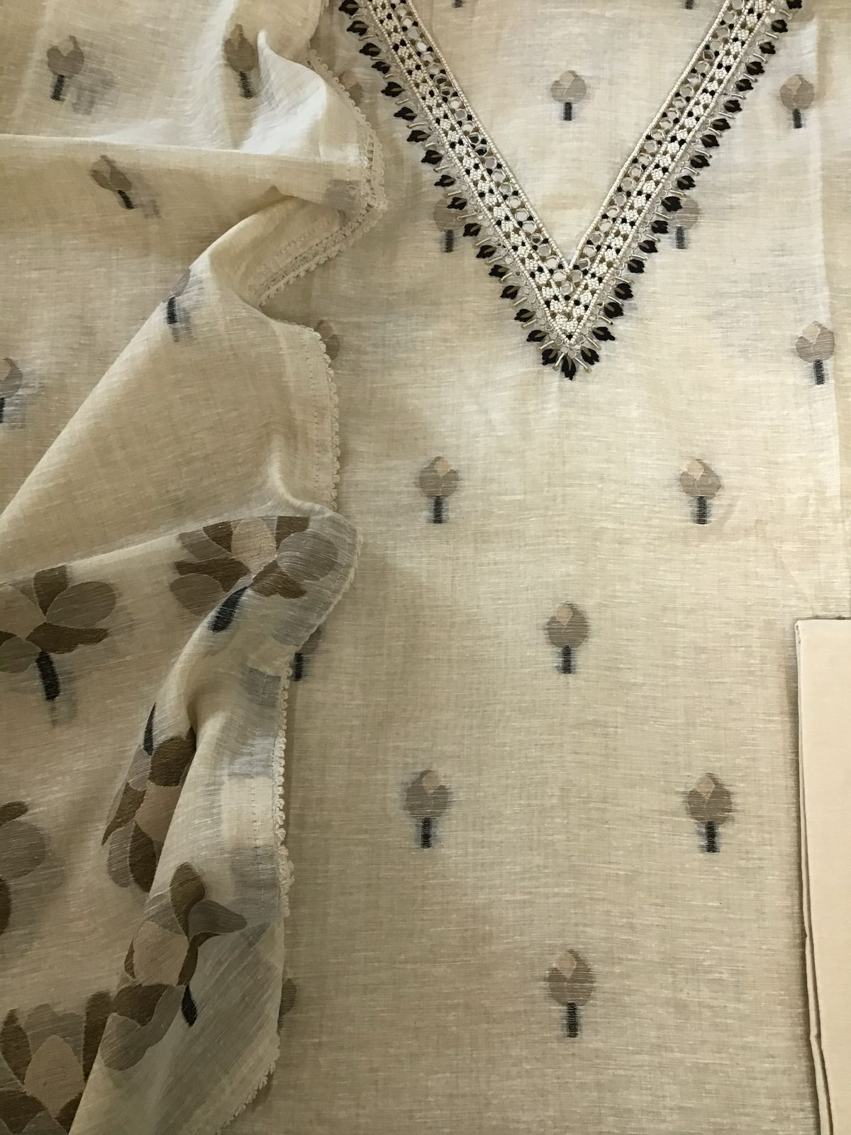 Soft Fine Slub Chanderi Jamdani Weaved Embroidered Suit - Beige