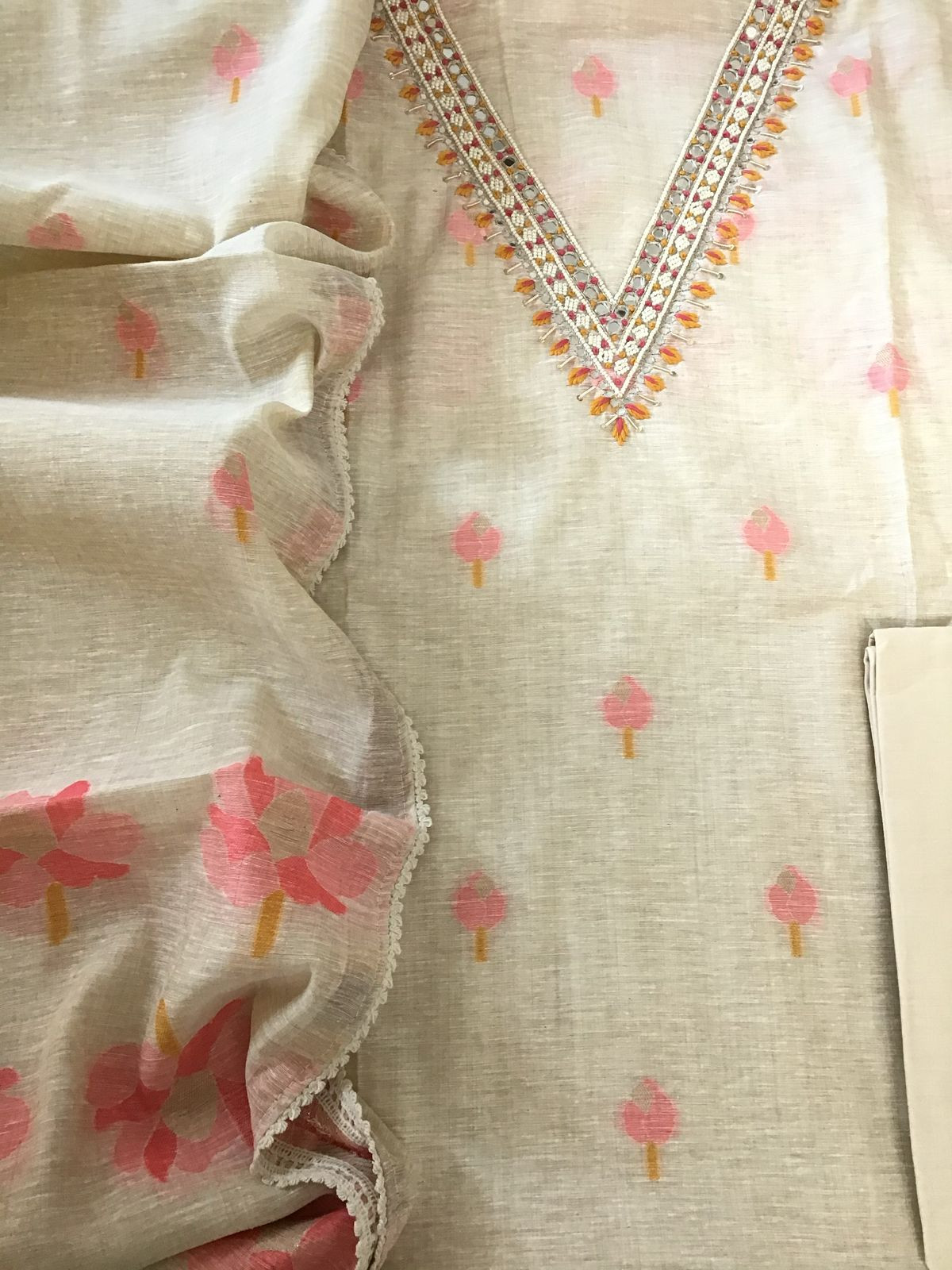 Soft Fine Slub Chanderi Jamdani Weaved Embroidered Suit - Beige