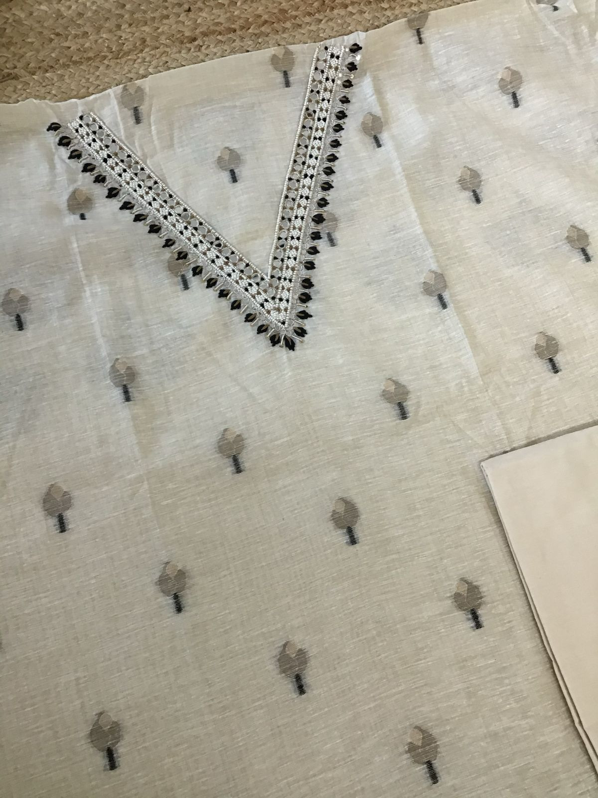 Soft Fine Slub Chanderi Jamdani Weaved Embroidered Suit - Beige