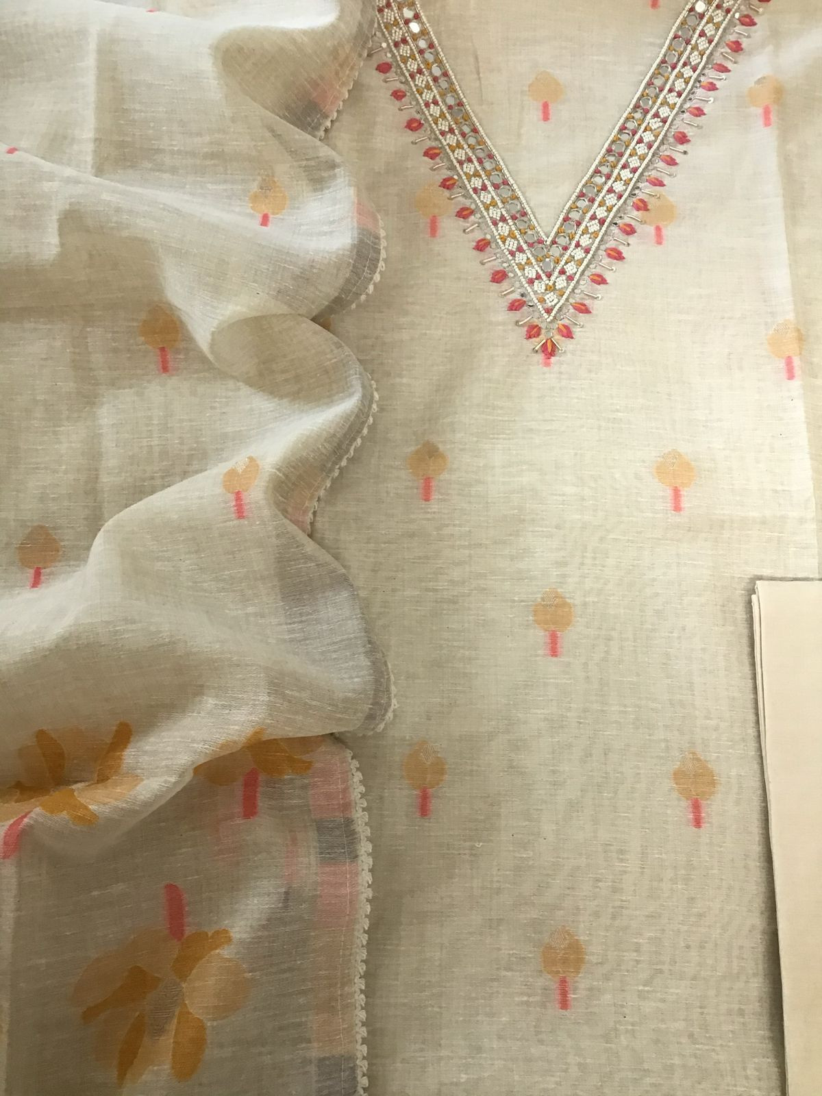 Soft Fine Slub Chanderi Jamdani Weaved Embroidered Suit - Beige