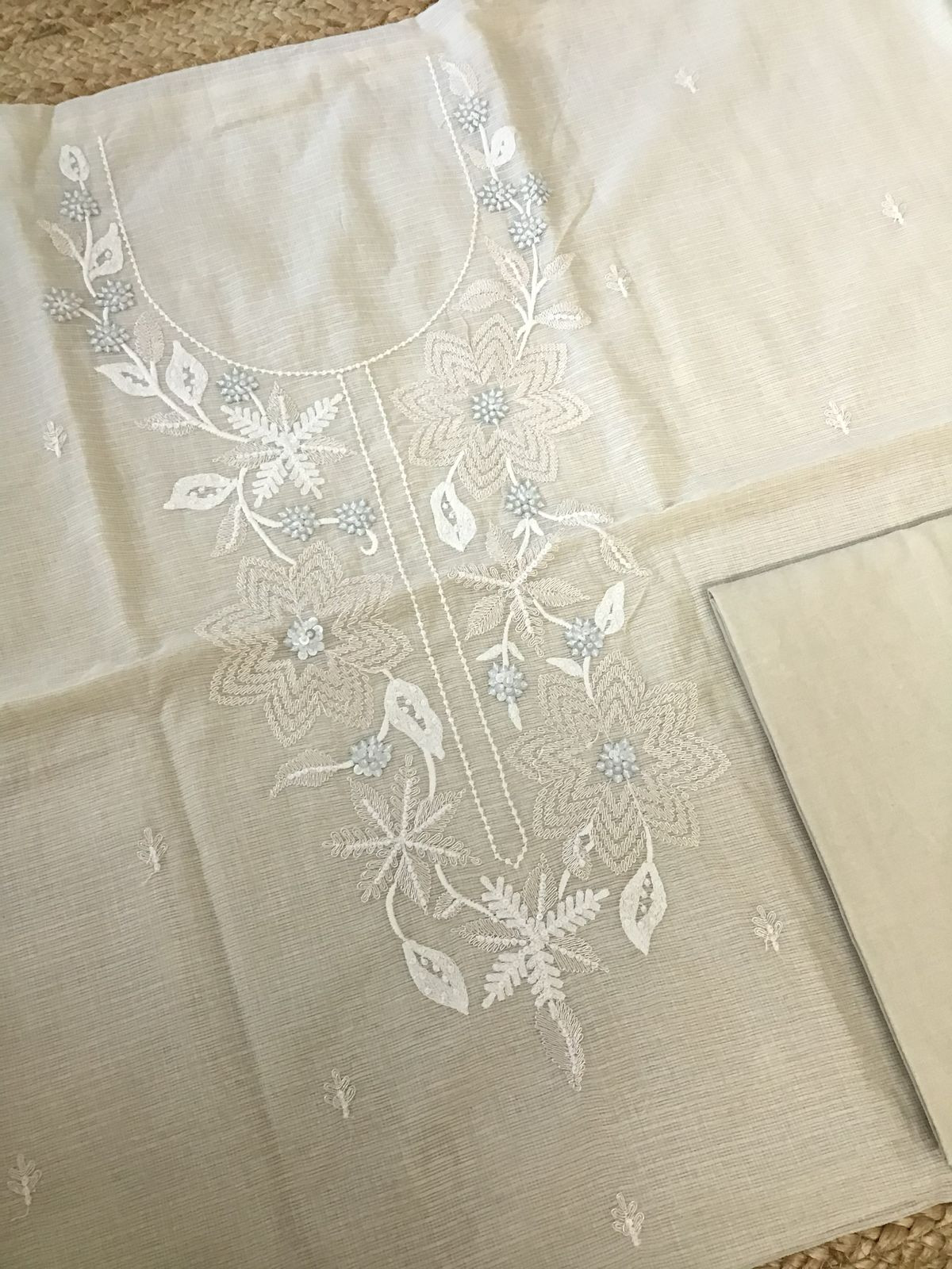 Soft Kota Silk Embroidered Suit - Offwhite