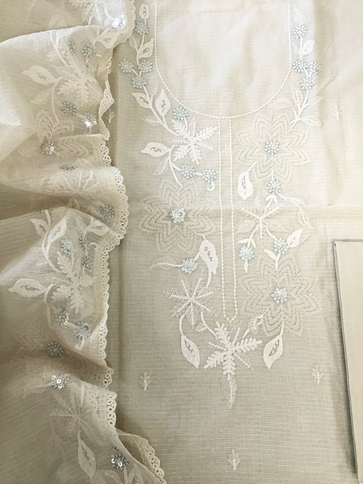 Soft Kota Silk Embroidered Suit - Offwhite