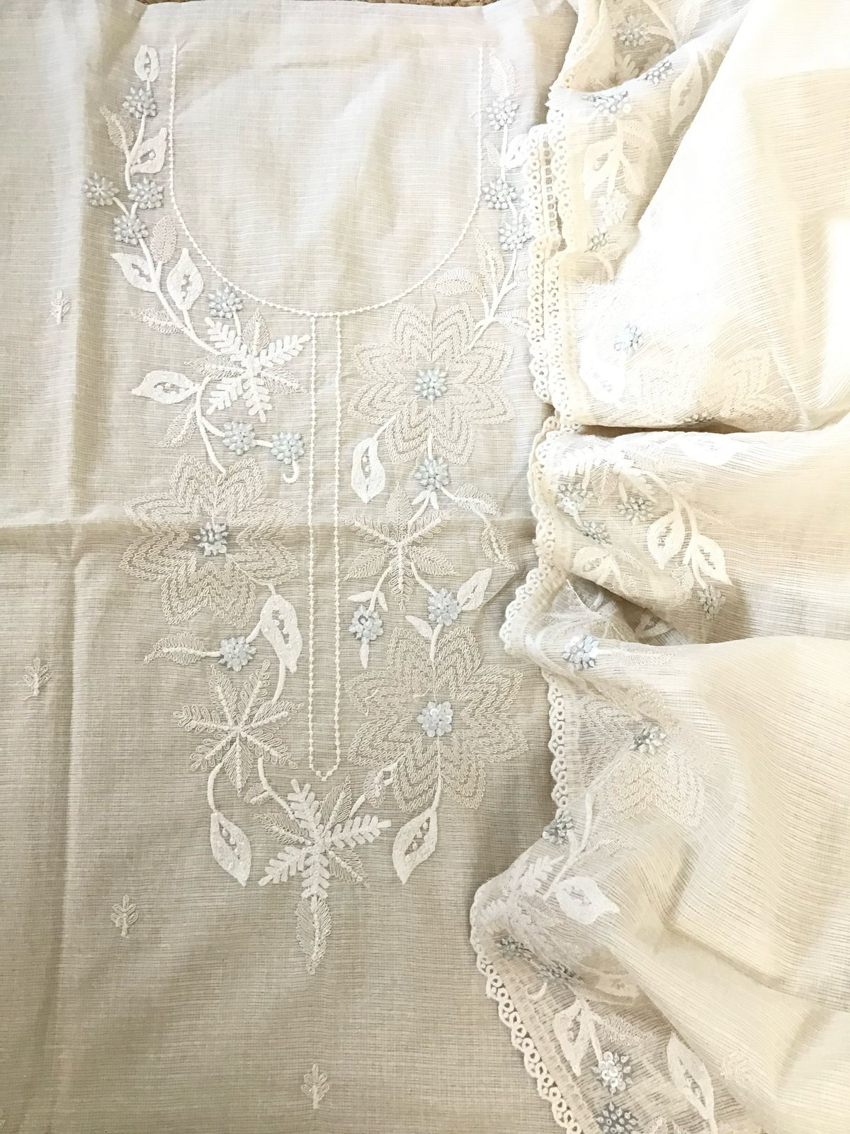 Soft Kota Silk Embroidered Suit - Offwhite