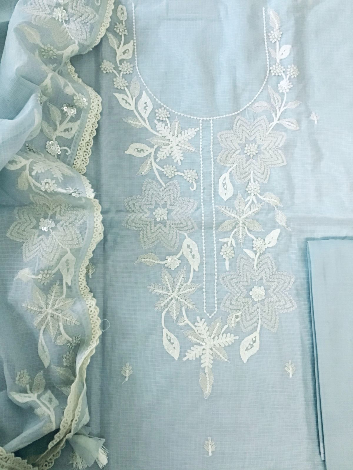 Soft Kota Silk Embroidered Suit - Blue