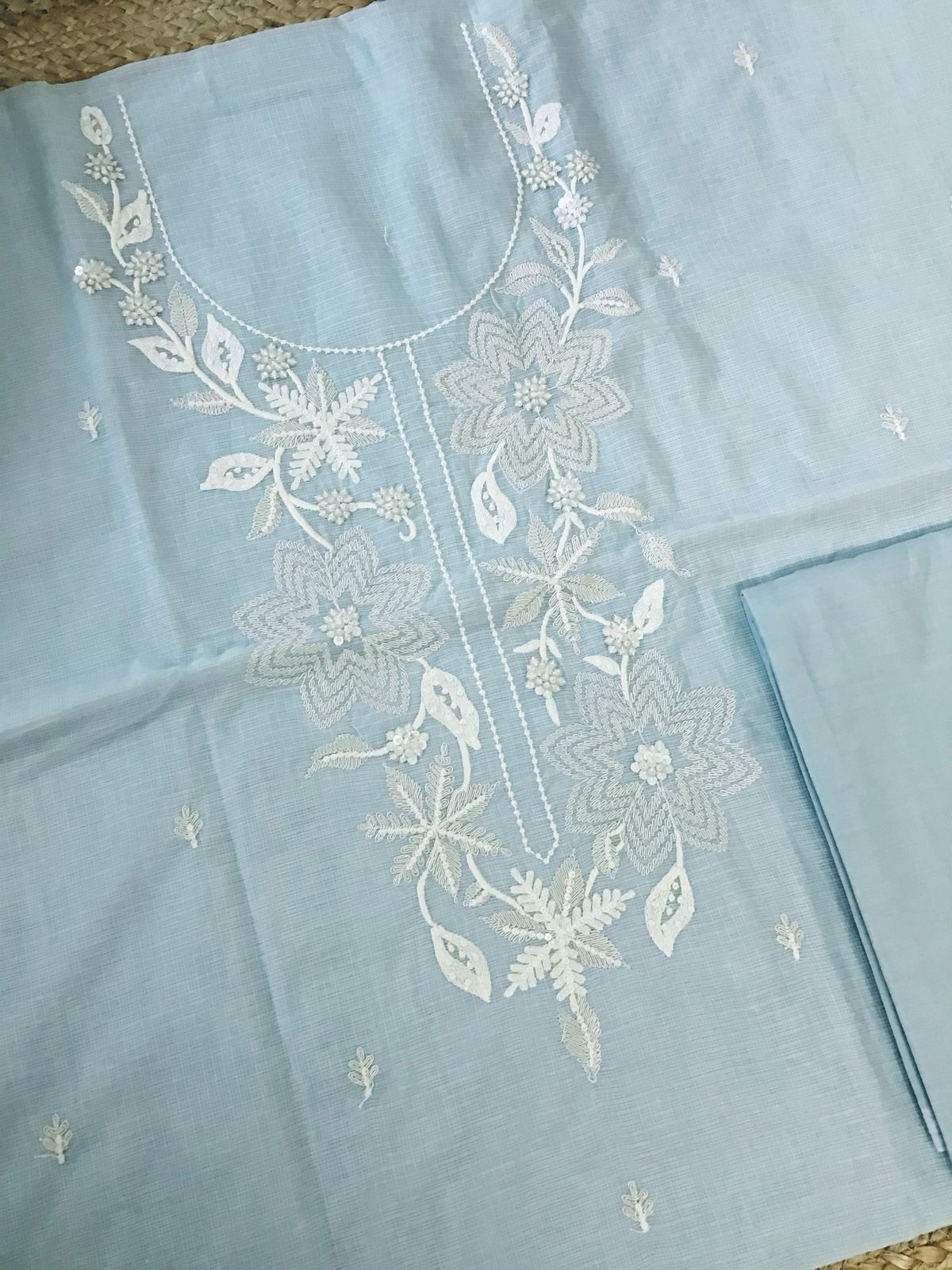 Soft Kota Silk Embroidered Suit - Blue