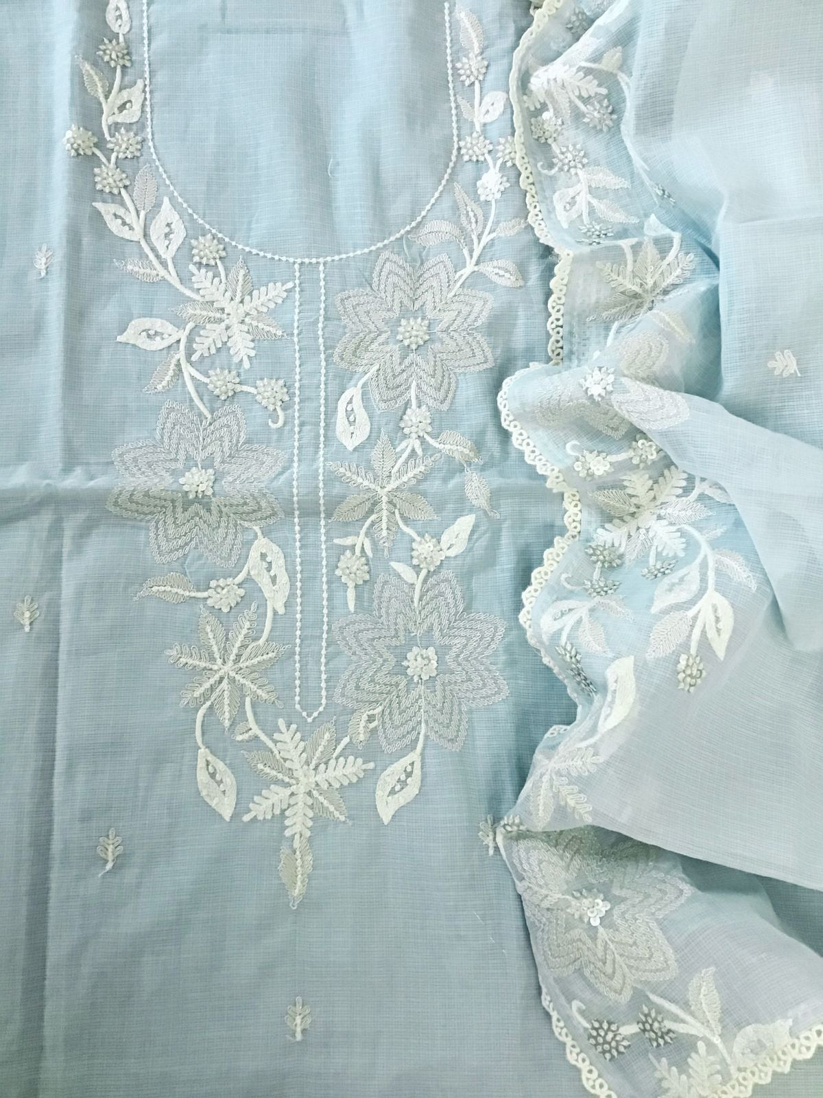 Soft Kota Silk Embroidered Suit - Blue