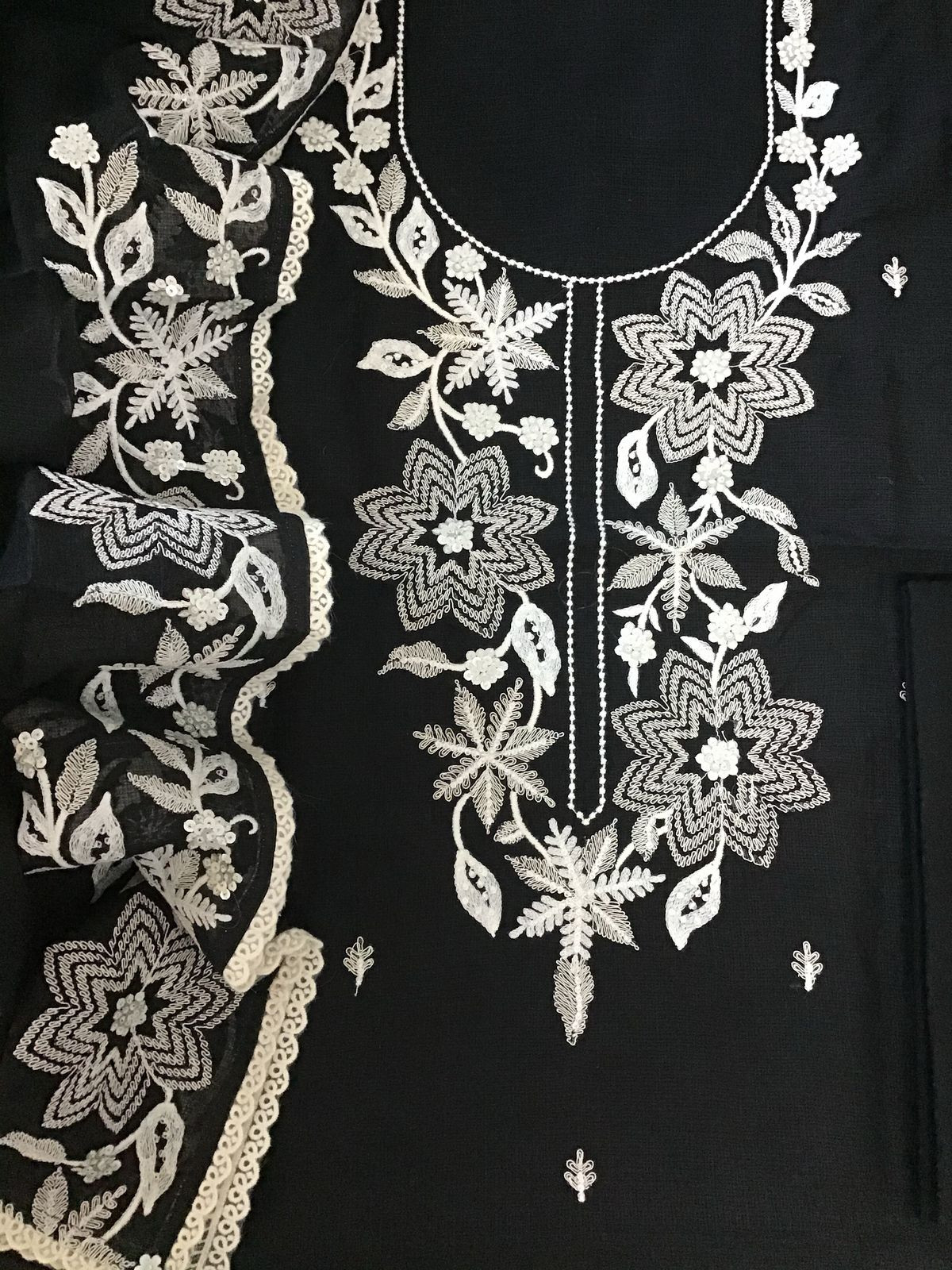 Soft Kota Silk Embroidered Suit - Black