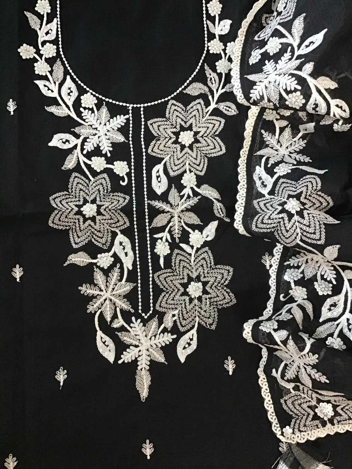 Soft Kota Silk Embroidered Suit - Black