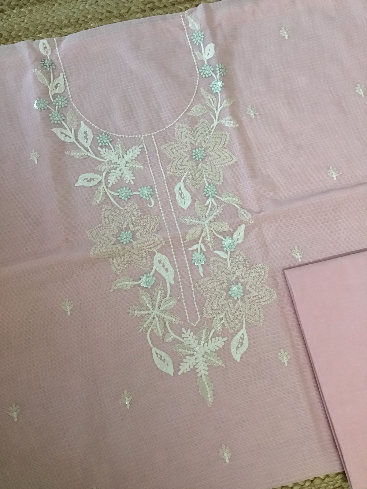 Soft Kota Silk Embroidered Suit - Pink