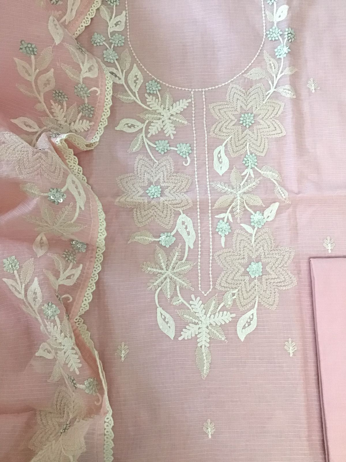 Soft Kota Silk Embroidered Suit - Pink