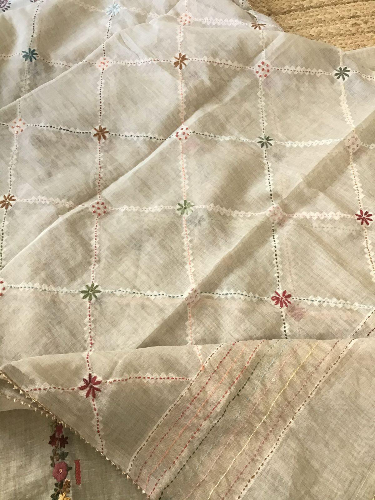 Soft Slub Chanderi Jamdani Weaved Embroidered Suit - Beige