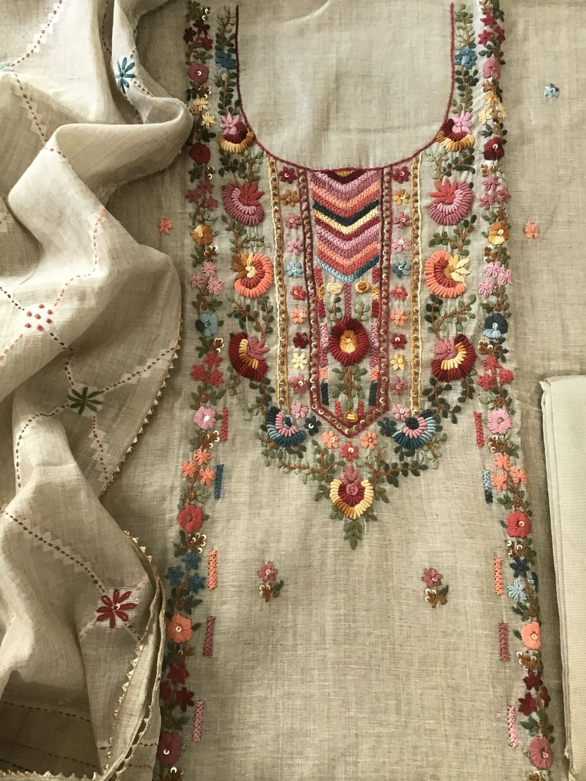 Soft Slub Chanderi Jamdani Weaved Embroidered Suit - Beige