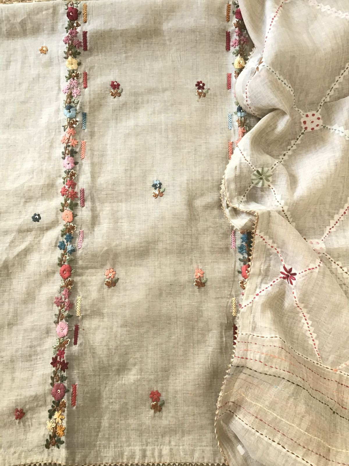 Soft Slub Chanderi Jamdani Weaved Embroidered Suit - Beige