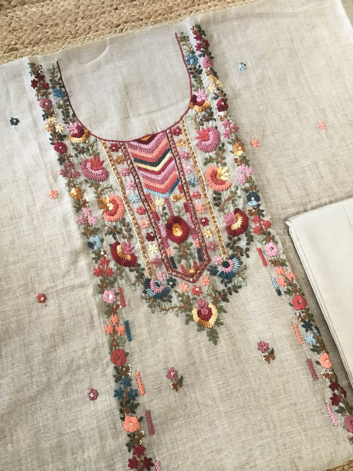 Soft Slub Chanderi Jamdani Weaved Embroidered Suit - Beige