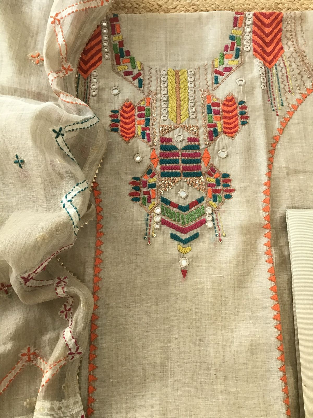 Soft Slub Chanderi Jamdani Weaved Embroidered Suit - Beige