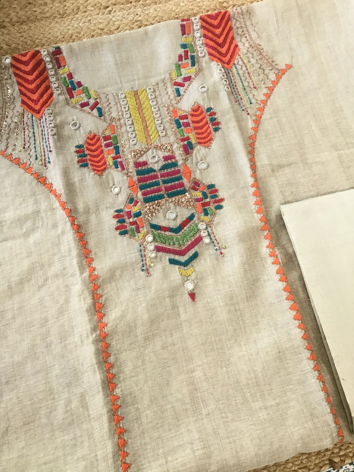 Soft Slub Chanderi Jamdani Weaved Embroidered Suit - Beige