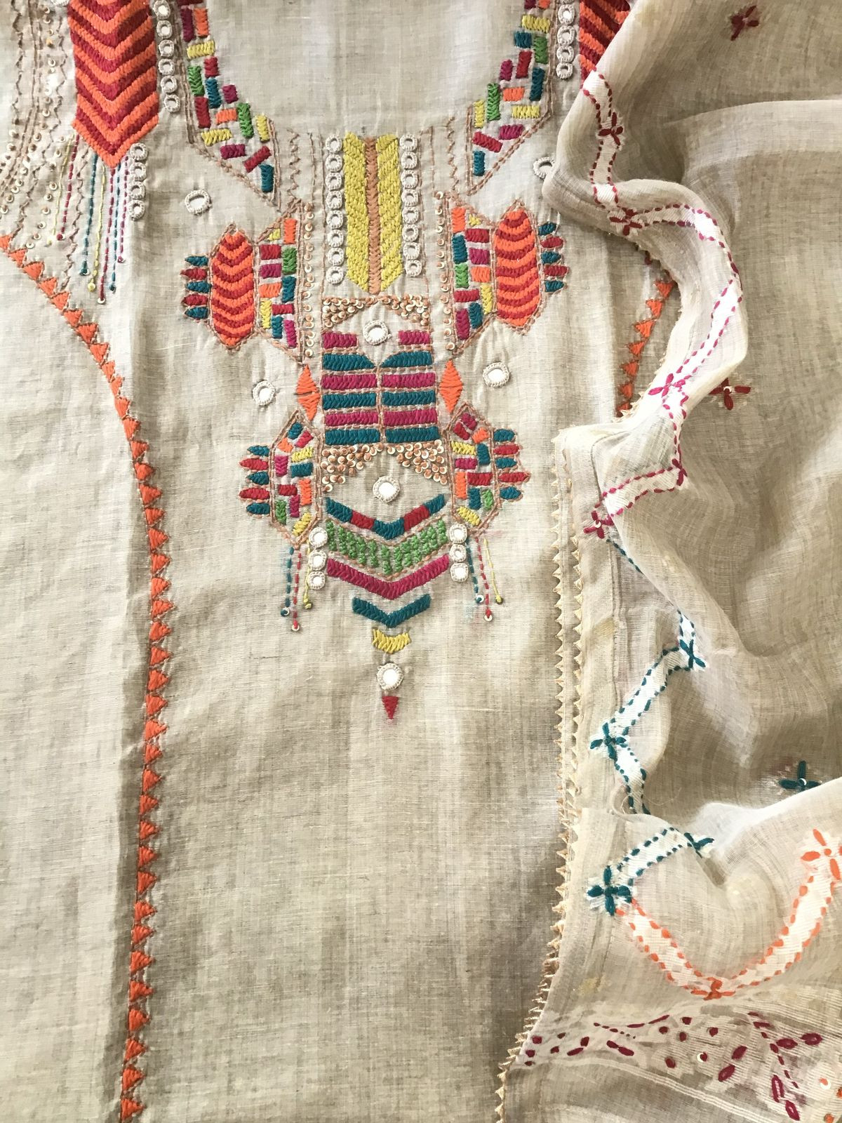 Soft Slub Chanderi Jamdani Weaved Embroidered Suit - Beige