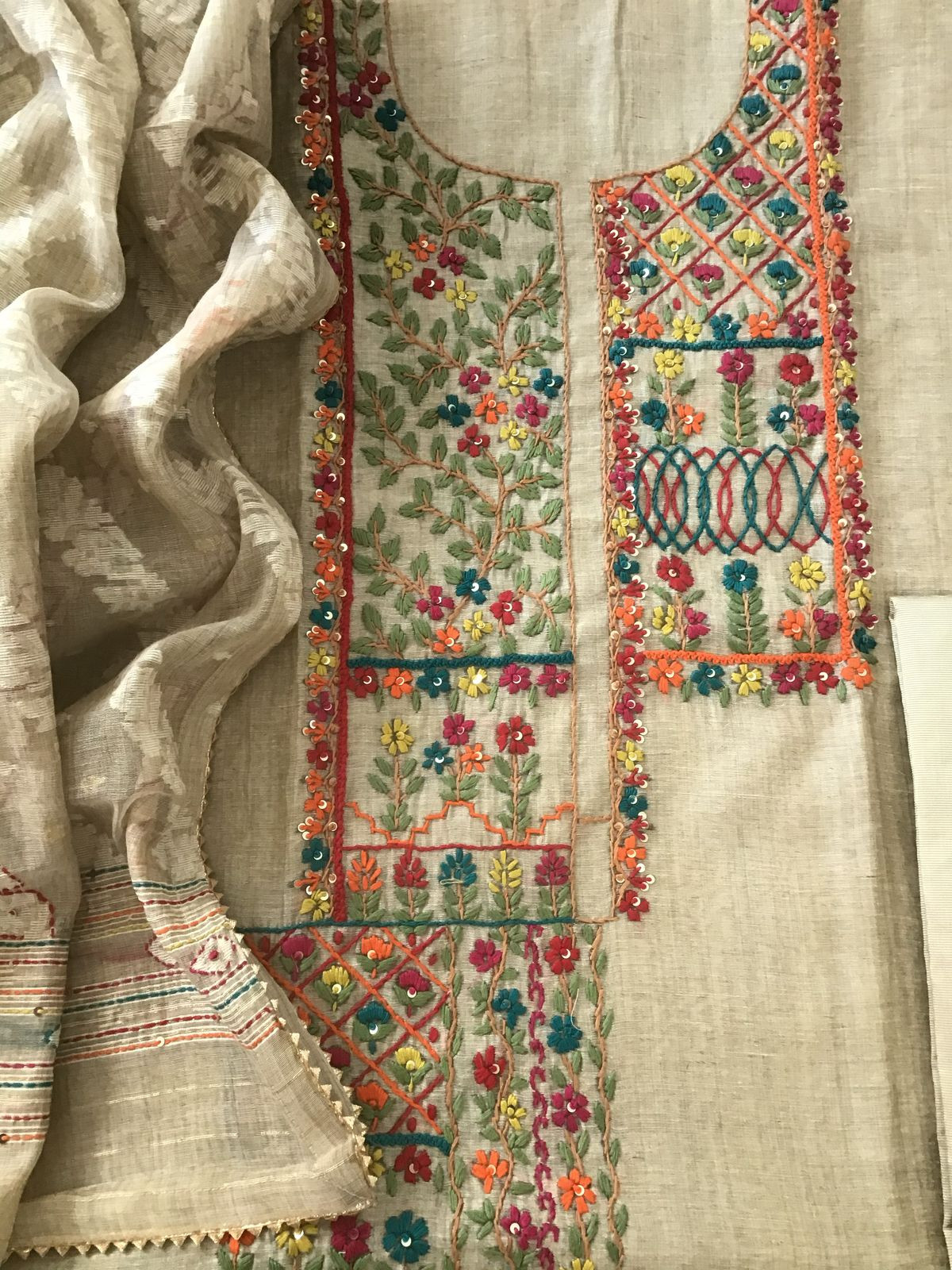 Soft Slub Chanderi Jamdani Weaved Embroidered Suit - Beige