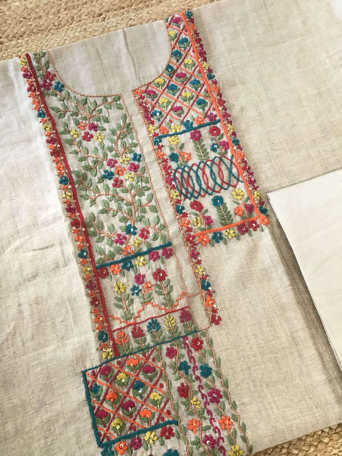 Soft Slub Chanderi Jamdani Weaved Embroidered Suit - Beige