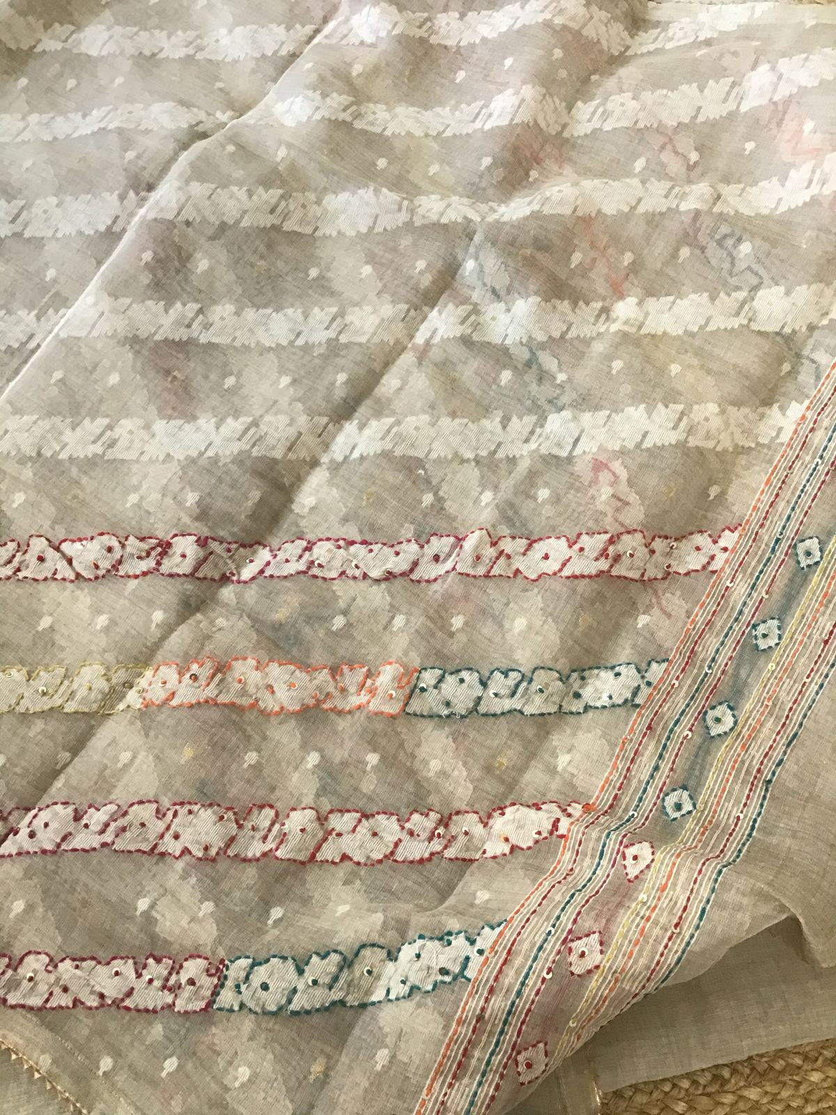 Soft Slub Chanderi Jamdani Weaved Embroidered Suit - Beige