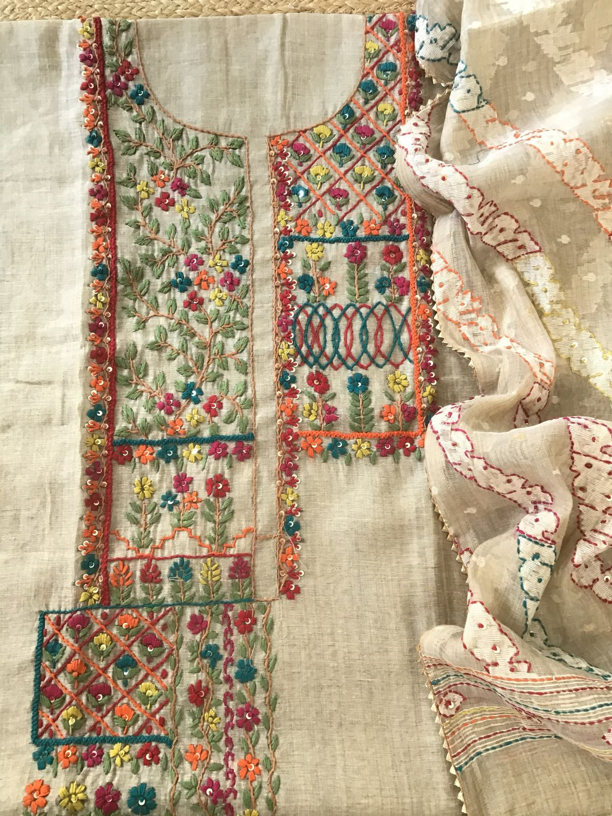 Soft Slub Chanderi Jamdani Weaved Embroidered Suit - Beige