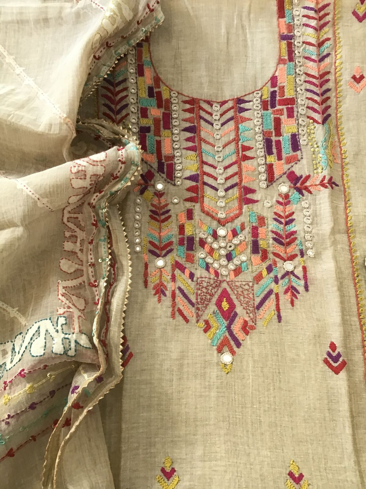 Soft Slub Chanderi Jamdani Weaved Embroidered Suit - Beige