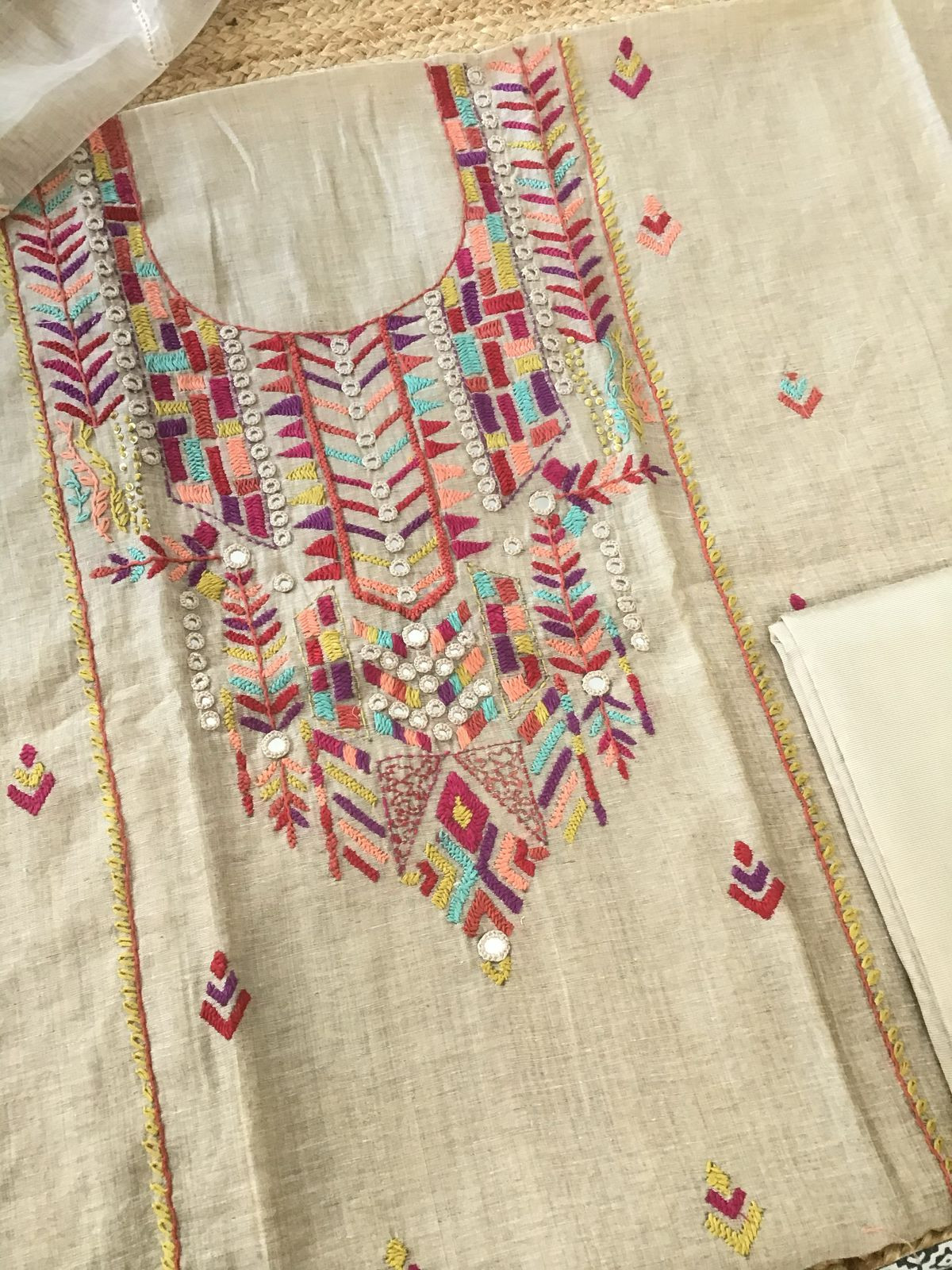 Soft Slub Chanderi Jamdani Weaved Embroidered Suit - Beige
