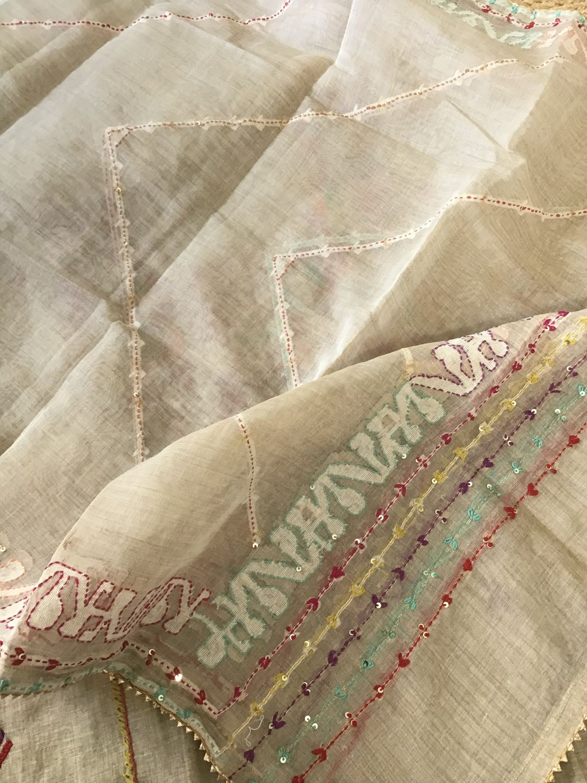 Soft Slub Chanderi Jamdani Weaved Embroidered Suit - Beige