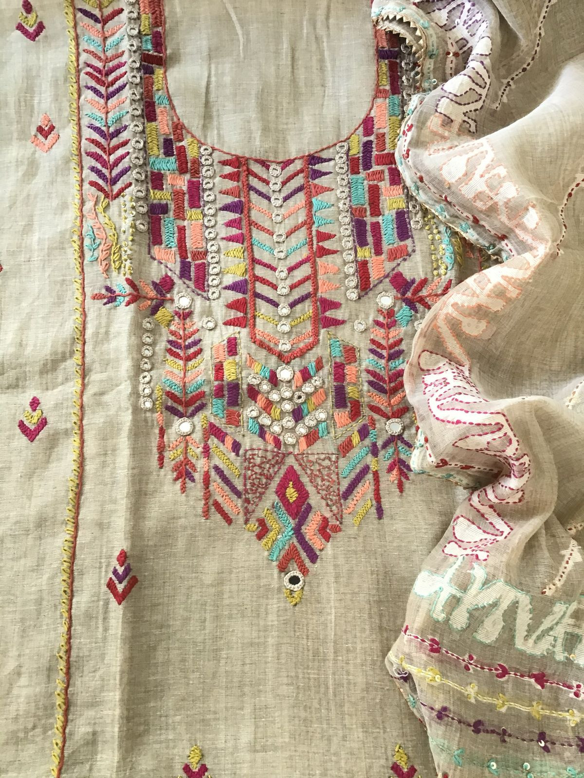 Soft Slub Chanderi Jamdani Weaved Embroidered Suit - Beige