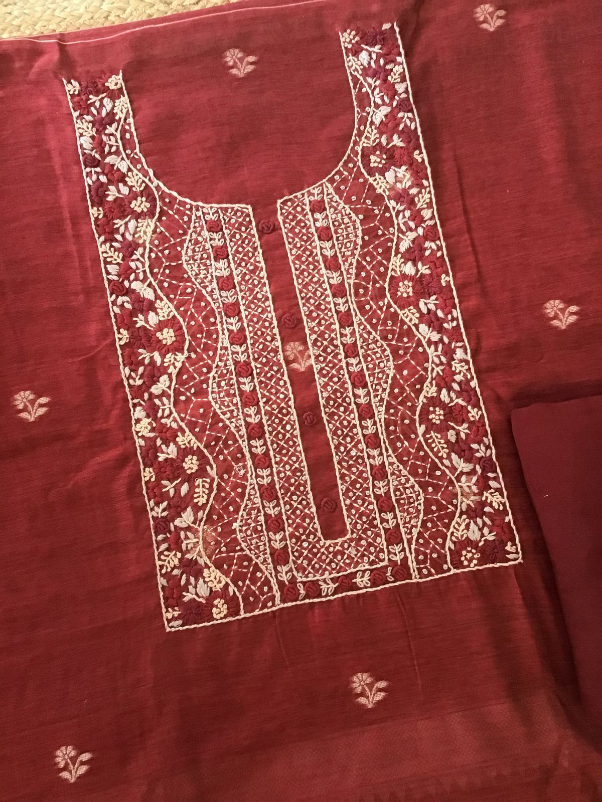Soft Fine Slub Chanderi Jamdani Weaved Embroidered Suit - Maroon
