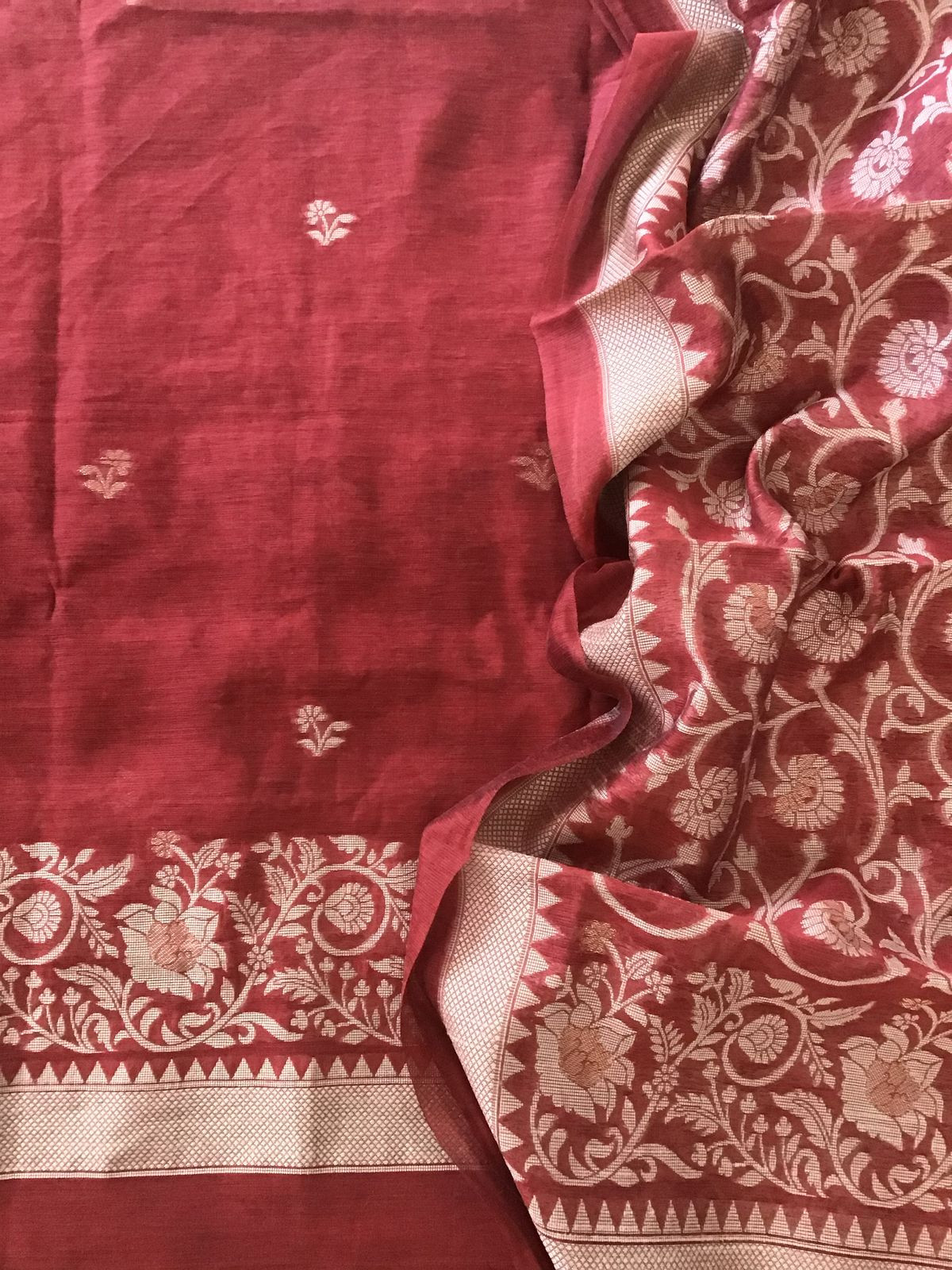 Soft Fine Slub Chanderi Jamdani Weaved Embroidered Suit - Maroon