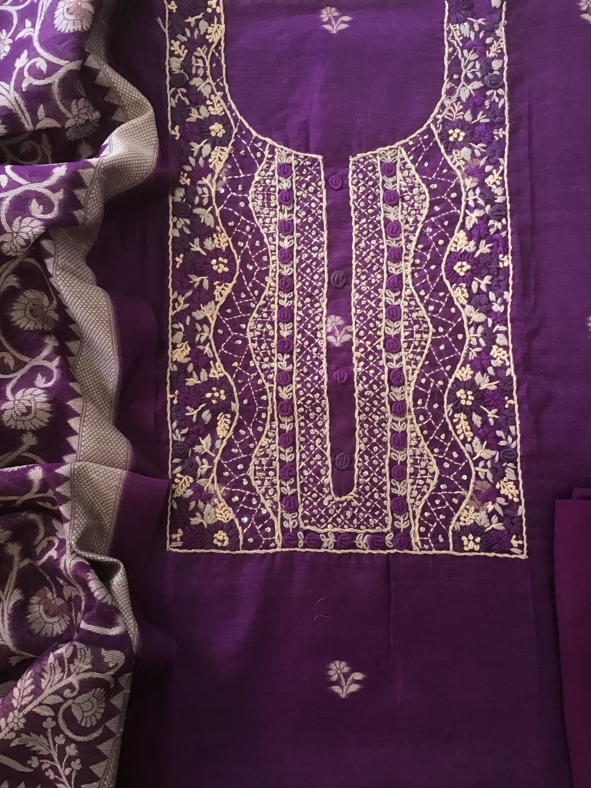 Soft Fine Slub Chanderi Jamdani Weaved Embroidered Suit - Purple