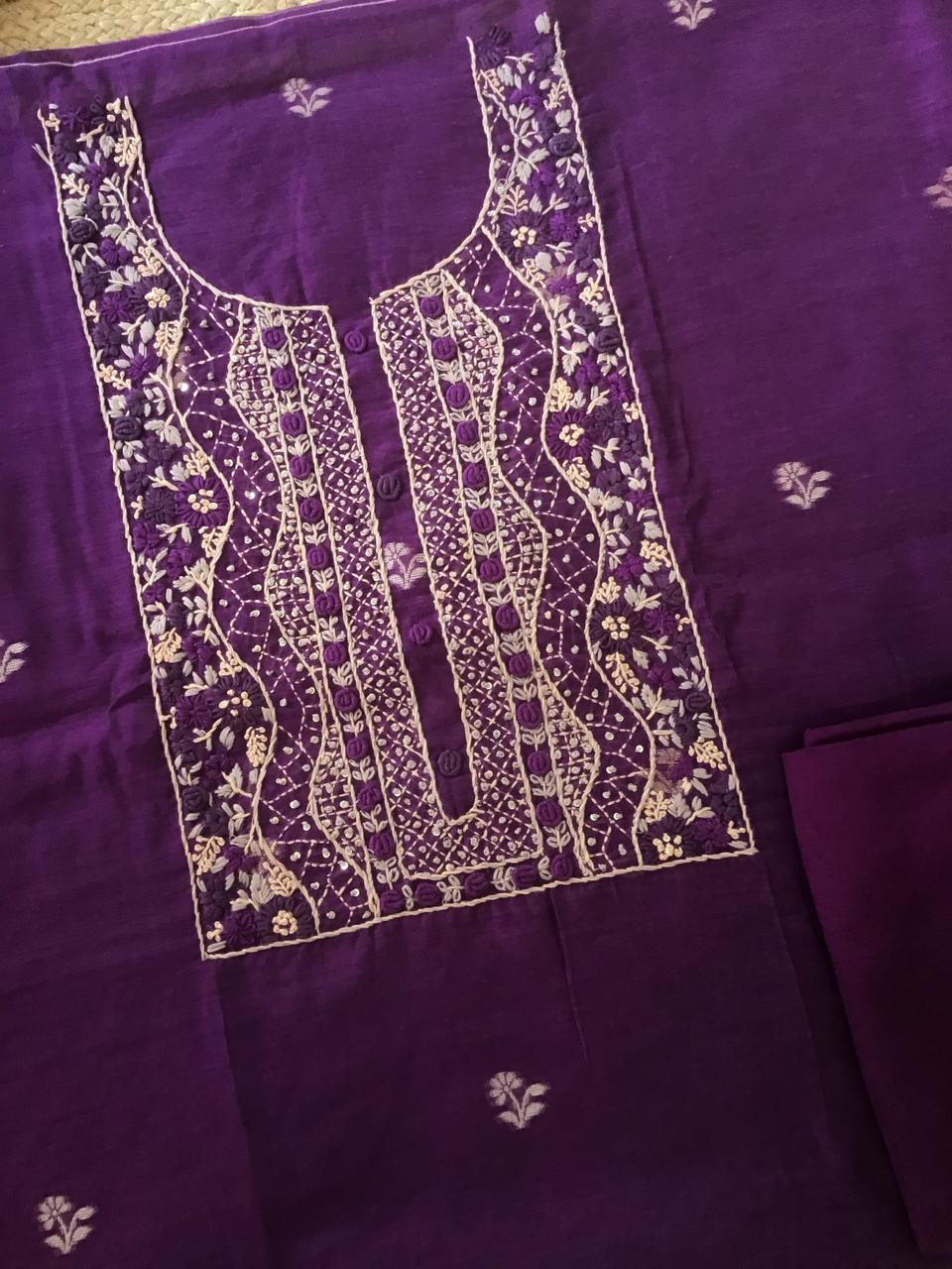 Soft Fine Slub Chanderi Jamdani Weaved Embroidered Suit - Purple