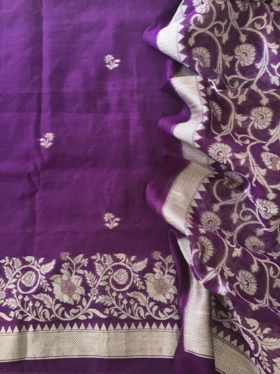 Soft Fine Slub Chanderi Jamdani Weaved Embroidered Suit - Purple