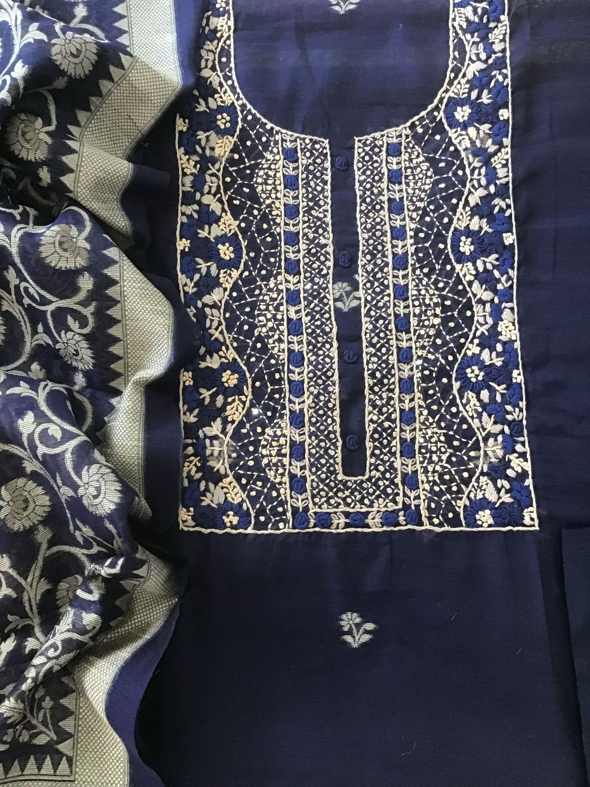 Soft Fine Slub Chanderi Jamdani Weaved Embroidered Suit - Blue